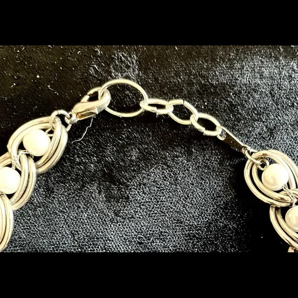 Upcycled Silvertone and Pearl Cross Necklace - Picture 3 of 3